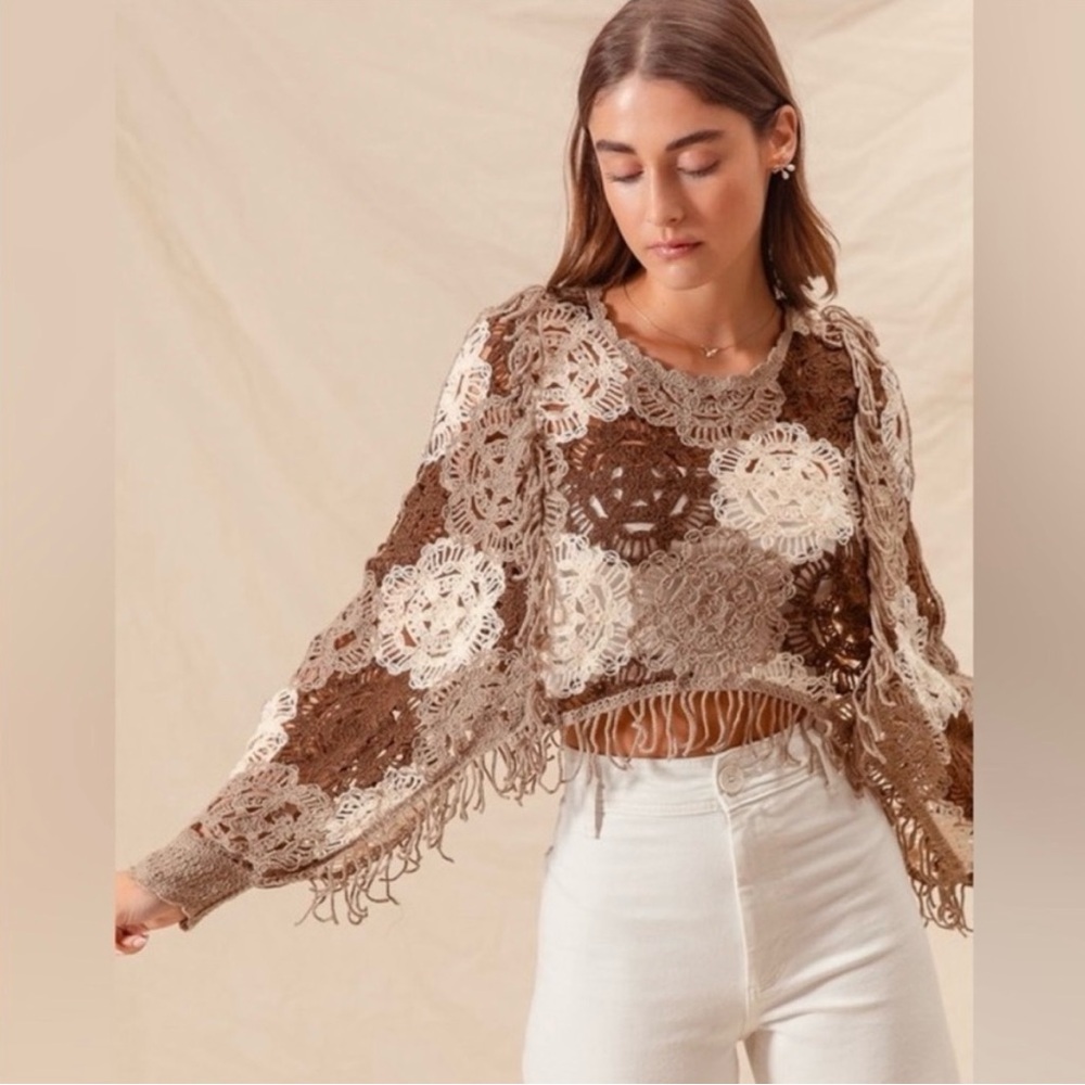 NWT So Me, Boutique Brand Brown Multi Flower Crochet Sweater - Picture 1 of 9